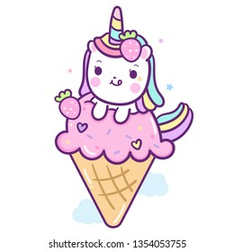 Cute Unicorn vector on the sky with ice cream and balloon cartoon, hand drawn isolated on a white background (Pastel pattern): Cute fairytale pony Happy Birthday Party- Perfect for kid's greeting card