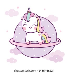 Cute Unicorn vector on the sky Kawaii pony cartoon pastel color, Nursery decoration, hand drawn isolated on a white background: Illustration of fairytale horse character in Flat style design.