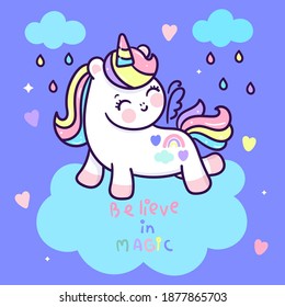 Cute Unicorn vector on sky pony cartoon pastel rainbow background Valentine day festival: Series fairy tale characters kawaii animals horse (flat Girly doodles). Perfect Nursery children, kids, card.