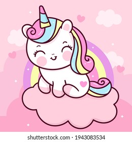 Cute Unicorn vector on sweet cloud and heart with rainbow pony cartoon kawaii animals background Valentines day gift: Series fairy tale characters horse (flat Girly doodles). Perfect Nursery children.