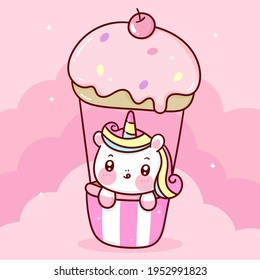 Cute Unicorn vector on sweet cupcake balloon pastel sky with cloud pony cartoon kawaii animals background: Series fairy tale characters horse (flat Girly doodles). Perfect Nursery children, kids.