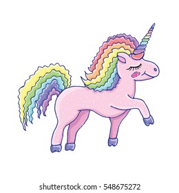 Cute unicorn vector on a white background. Object isolated cartoon illustration. Hand draw doodle. Cloth design, child,print, wallpaper, wrapping, paper, card, holiday, birthday. Color magic art.Eps10