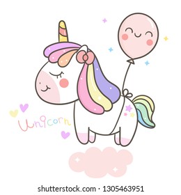Cute unicorn vector with party balloon cartoon illustrator Pastel colors Graphics: Series Fairly tales Pony- card and Print for t-shirt. Romantic hand drawing or instructional media for kids