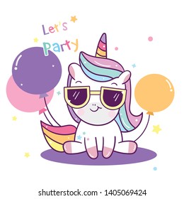 Cute Unicorn Vector party collection, Balloon cartoon baby animal, Kawaii Character pony cartoon, Birthday, pastel background- Perfect for kid's greeting card design and Print.