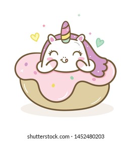 Cute Unicorn vector with pastel donut cake, Happy birthday party, Kawaii character pony cartoon, Nursery decoration, hand drawn: Illustration of fairytale horse- Perfect for kid's greeting card design