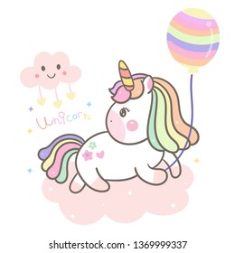 Cute Unicorn vector, Pastel pony holding balloon doodles party theme (White background): Illustration of cute fairytale pony -Perfect for kid's greeting card design and Print for t-shirt. Romantic.