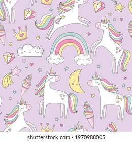 Cute Unicorn Vector Pattern With Rainbows, Clouds, Ice Cream, Crown. Baby Girl, Teen Room Decor, Fabric, Poster, Clothing. 