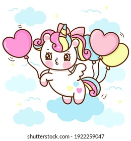Cute Unicorn vector Pegasus holding heart balloon on sky with cloud pony cartoon sweet pastel background Valentines day: Series fairy tale characters kawaii animals horse (flat Girly doodles).Perfect.