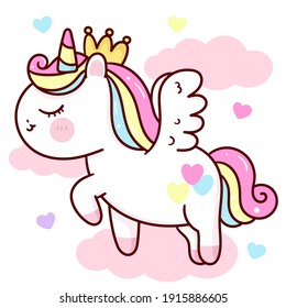 Cute Unicorn vector Pegasus on cloud with heart pony cartoon pastel background: Series fairy tale characters kawaii animals horse (flat Girly doodles). Perfect Nursery children, kids, greeting card.