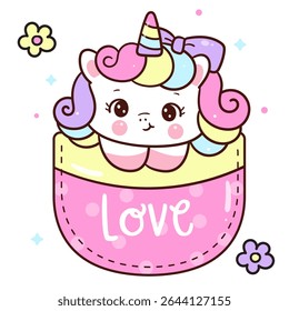 Cute Unicorn vector in Pocket with flower. Kawaii animals Whimsical Character. Pastel color Perfect for Kid nursery, T shirt design and flat clipart.