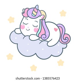 Cute Unicorn vector pony cartoon on cloud with star, magic sleeping time for sweet dream, Kawaii style with rainbow. Perfect for kid's greeting card design, t-shirt print, inspiration poster. 