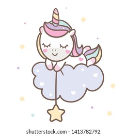 Cute Unicorn vector pony cartoon on cloud holding star, magic sleeping time for sweet dream, Kawaii style with rainbow. Perfect for kid's greeting card design, t-shirt print, inspiration poster. 