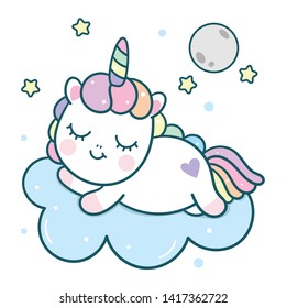 Cute Unicorn vector pony cartoon with moon on cloud, magic sleeping time for sweet dream, Kawaii style. Perfect for kid's greeting card design, t-shirt print, inspiration poster. Romantic hand drawing