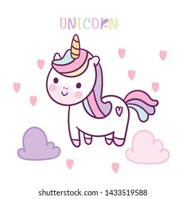 Cute Unicorn vector pony cartoon with cloud and heart Pastel color, Nursery decoration, Kawaii character, Fairytale horse. Perfect for kid's greeting card design, t-shirt print, inspiration poster. 