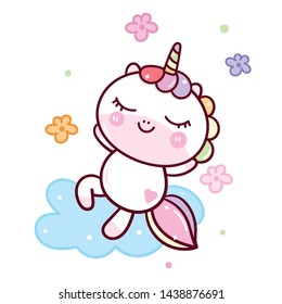 Cute Unicorn vector pony cartoon relaxing on cloud, magic sleeping time for sweet dream pastel color, Kawaii character style with star, Nursery decoration:Illustration of fairytale horse in Flat style