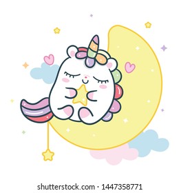 Cute Unicorn vector pony cartoon on moon and star, magic sleeping time for sweet dream pastel color, Kawaii character, Nursery decoration: Illustration of fairytale horse in Flat style design.
