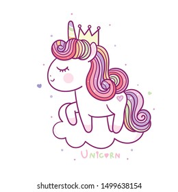 Cute Unicorn vector pony cartoon on cloud (kawaii animal): Fabulous fashion, fairytale horse party Birthday, Nursery decoration- sticker graphic Magic for invitation post, t-shirt, children books. 