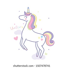 Cute Unicorn vector pony cartoon child character on cloud(kawaii animal)sweet pastel color: Fabulous fashion, fairytale horse party- sticker graphic Magic for invitation post, t-shirt, nursery decor. 