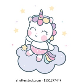 Cute Unicorn vector pony cartoon, Kawaii animal character pastel color. Series: magic sleeping time sweet dream Good night, fairy doodle. Perfect for invitations, children books, fashion, banners.