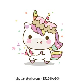 Caricatura infantil unicornio vectorial con dulce pastel de donut de ilustración Vector Feliz cumpleaños, Fabuloso caballo de cuento de hadas, post invitación, t pantalones, decoración de guardería, dibujado a mano en blanco