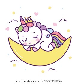 Cute Unicorn vector pony child princess on moon, Kawaii animals character (Illustration): magic sleeping time for sweet dream Good night, fairy doodle. Perfect for invitations, children books,fashion.