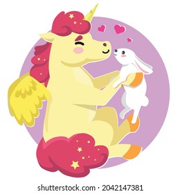 Cute Unicorn vector pony with rabbit, Kawaii character, Nursery decoration: Illustration of fairytale horse in Flat style design. Perfect for kid's greeting card design
