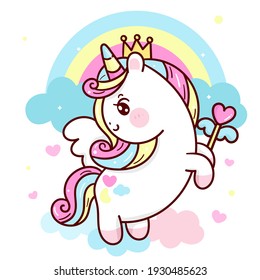 Cute Unicorn vector Princess Pegasus holding heart magic wand on rainbow pastel sky with sweet cloud and heart pony cartoon kawaii animals background: Series fairy tale characters horse flat Girly.