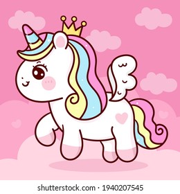 Cute Unicorn vector Princess Pegasus fly on pastel sky with sweet cloud and heart pony cartoon kawaii animals background: Series fairy tale characters horse (flat Girly doodles).Perfect Nursery child.