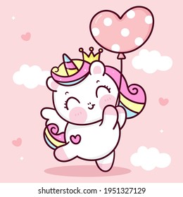 Cute Unicorn vector princess pegasus holding heart balloon pastel sky with sweet cloud pony cartoon kawaii animals background Valentines day gift: Series fairy tale characters horse flat Girly doodle.