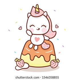 Cute unicorn vector pudding cartoon sweet food pastel isolated on white background yummy dessert for cafe: Illustration of doodle hand drawn. Perfect kid bakery greeting card, t-shirt print, children.