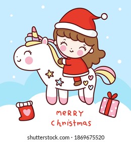 Cute unicorn vector santa claus girl ride pony merry christmas kawaii cartoon x mas festival happy new year: Series fairy tale characters (flat Girly doodles).Perfect Nursery children, kids, greeting.