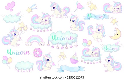 Cute unicorn vector set  Illustration sweets  rainbow  frame  balloon  star   magic fantasy design and white background 