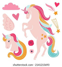 Cute unicorn vector set illustrations on white background. Magical unicorn´s head, cloud, heart and doodle hand drawn elements. Girls birthday party invitation elements.