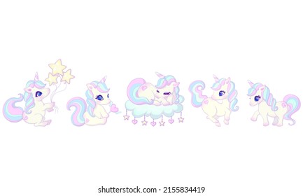 Cute unicorn vector set. Kawaii baby unicorn with cloud and stars and heart items.