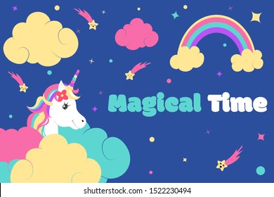 Cute Unicorn vector. Silently in the world of magic. children's poster on the wall. Illustration of fairytale - Perfect for kids greeting card design, background, wallpaper.
