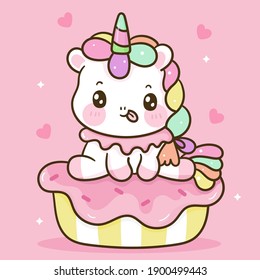 Cute unicornio vectorial sentada en postre de quequitos dulces color pastel caricatura Kawaii Caracteres ilustraciones aisladas en blanco.Bakería de comida infantil producto de moda decoración infantil cafetería, Invitación.