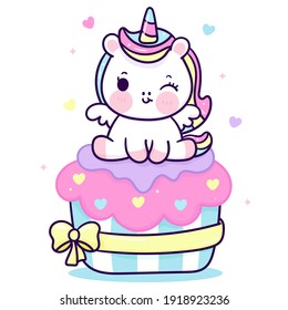 Cute Unicorn vector sit on birthday cupcake pony cartoon pastel background: Series fairy tale characters kawaii animals horse (flat Girly doodles). Perfect Nursery children, kids, greeting card, baby.