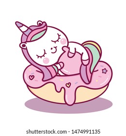 Cute Unicorn vector sleep on cake pony cartoon for sweet dream pastel color, Kawaii animal with star, Nursery decoration: Illustration of fairytale horse in Flat style design. kid fashion artworks