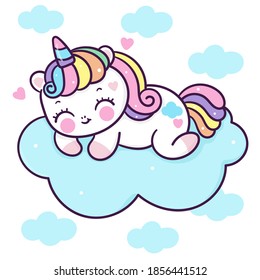 Cute Unicorn vector sleep on pastel cloud pony cartoon sweet dream: Series fairy tale characters kawaii animals horse (flat Girly doodles). Perfect Nursery children, kids, greeting card, baby shower.