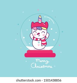 vector unicornio.  Caricatura de ponis sobre bola de globo de nieve Feliz Navidad (animal kawaii): Moda fabulosa, caballo de cuento de hadas, Nursery decoración-pegatina gráfico. Magia para el post de invitación, t-pantalones.