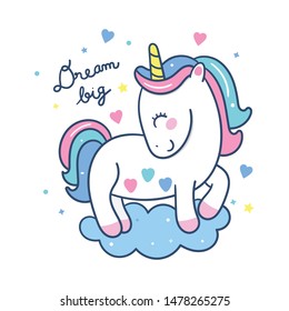 Parada portadora de unicornio en la nube Pony en color pastel, fantástico personaje de cuentos de hadas, estilo de doodle animal Kawaii. Dibujo a mano, medios de instrucción, Perfecto para tarjeta de saludo para niños, moda 