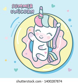 Cute Unicorn vector Summer Holiday Pool party, Pony cartoon, Kawaii Character, Pastel background, Nursery decoration: Illustration of fairytale horse- Perfect for kid's greeting card design and Print 