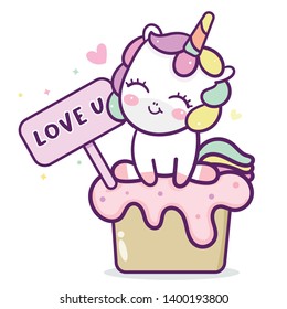 Cute Unicorn vector sweet cake Happy birthday party, Pony cartoon, Kawaii Character, Pastel background, Nursery decoration: Illustration of fairytale horse- Perfect for kid's greeting card design.