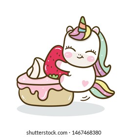 Cute Unicorn vector with sweet cake, Happy birthday party, Kawaii animal pony cartoon, Doodle style Nursery decoration, hand drawn on white background: Illustration of fairytale horse- Perfect for kid