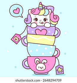 Cute Unicorn vector in Sweet Coffee mugs Fairy animal Kawaii Sticker. Adorable cartoon Flat clipart for Kid nursery Cafe shop and couple.