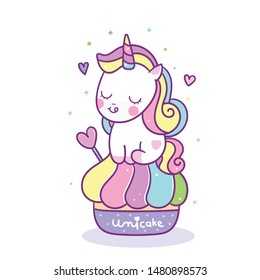 Cute Unicorn vector with sweet cupcake cartoon. Muffin isolated on white background. Yummy dessert, Birthday party, Kawaii animal pony, Doodle Nursery decoration, hand drawn fairytale horse- kid shirt