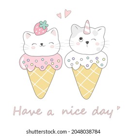 Vector de unicornio lindo con viñeta de cono de helado dulce (animal de Kawaii): Pastel color niño alimento postre panadería producto de la moda fabulosa decoración infantil cafetería, post de invitación, camiseta