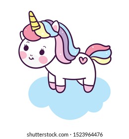 Cute Unicorn vector sweet pony cartoon on cloud fairy animal, Kawaii Character: Illustration doodle art. Perfect for invitations, children books, fashion, banners and greeting cards, baby shower.