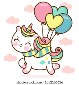 Cute Unicorn vector wear christmas scarf with balloon pony cartoon x mas festival happy new year: Series fairy tale characters kawaii animals horse (flat Girly doodles).Perfect Nursery children, kids.