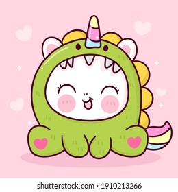 Cute Unicorn vector wear dinosaur fancy dress chubby pony cartoon pastel background Valentines day with heart: Series fairy tale characters kawaii animals horse (flat Girly doodles). Perfect Nursery .